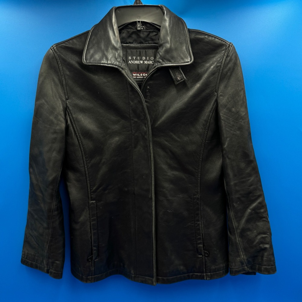 Studio Andrew Marc‎ Women Black Leather Moto Jacket Coat Zipper VTG Wilson's